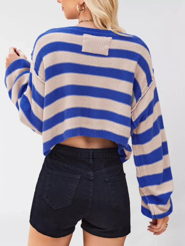 Striped oversized boat neck cropped sweater with exposed seams