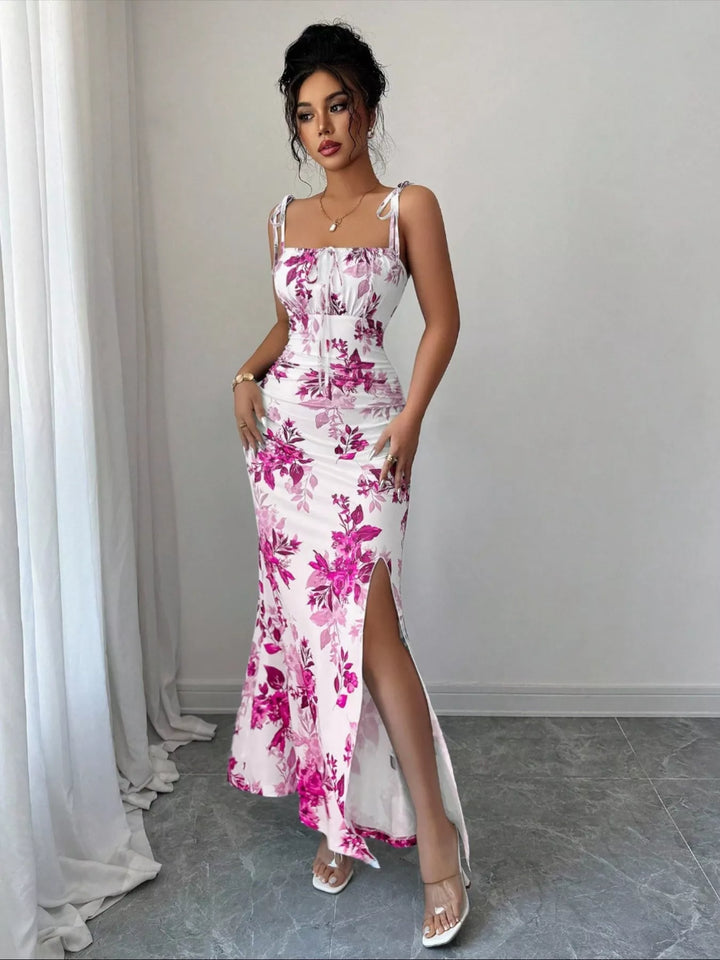 Hot Pink Floral print tie-strap maxi dress with side slit