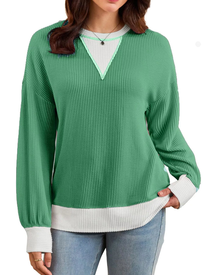 Contrast-trim ribbed dropped-shoulder sweatshirt