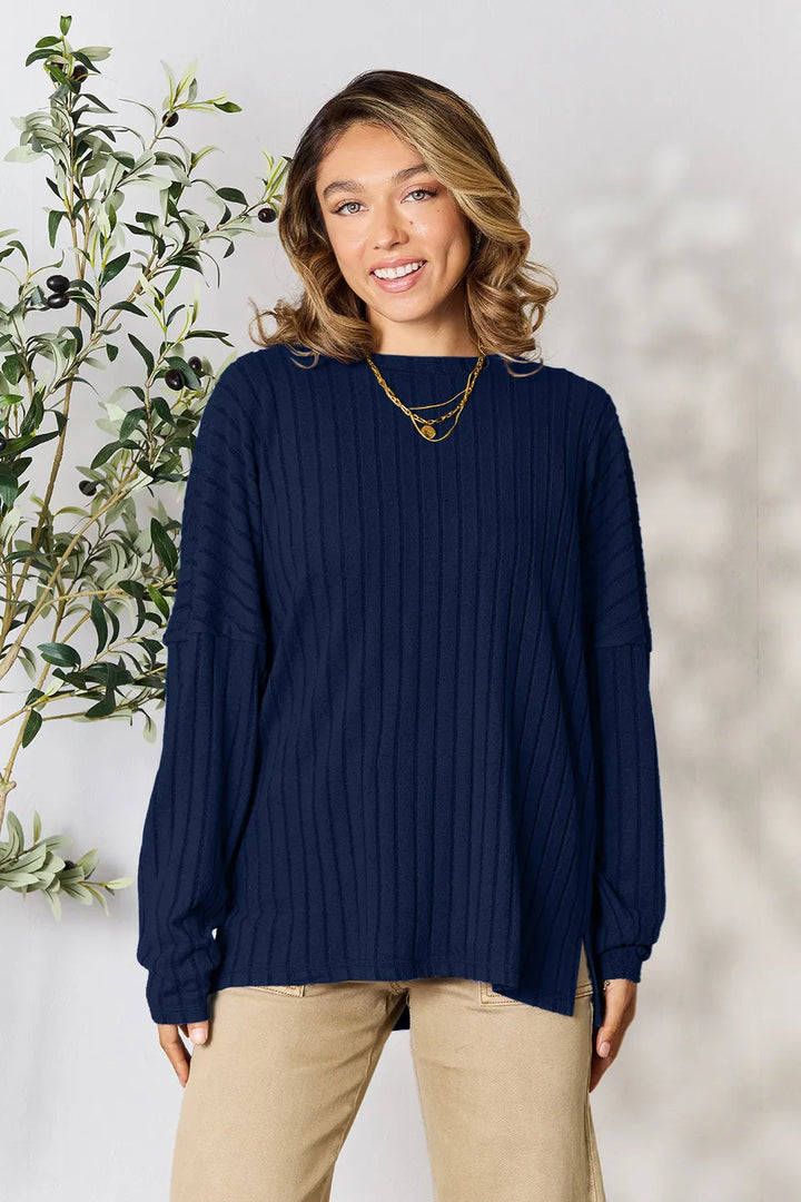 Dark Blue Ribbed knit round neck tunic top with side slits