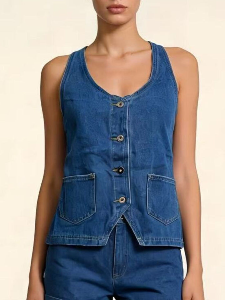 Sky Blue Halter neck button-down denim vest with patch pockets
