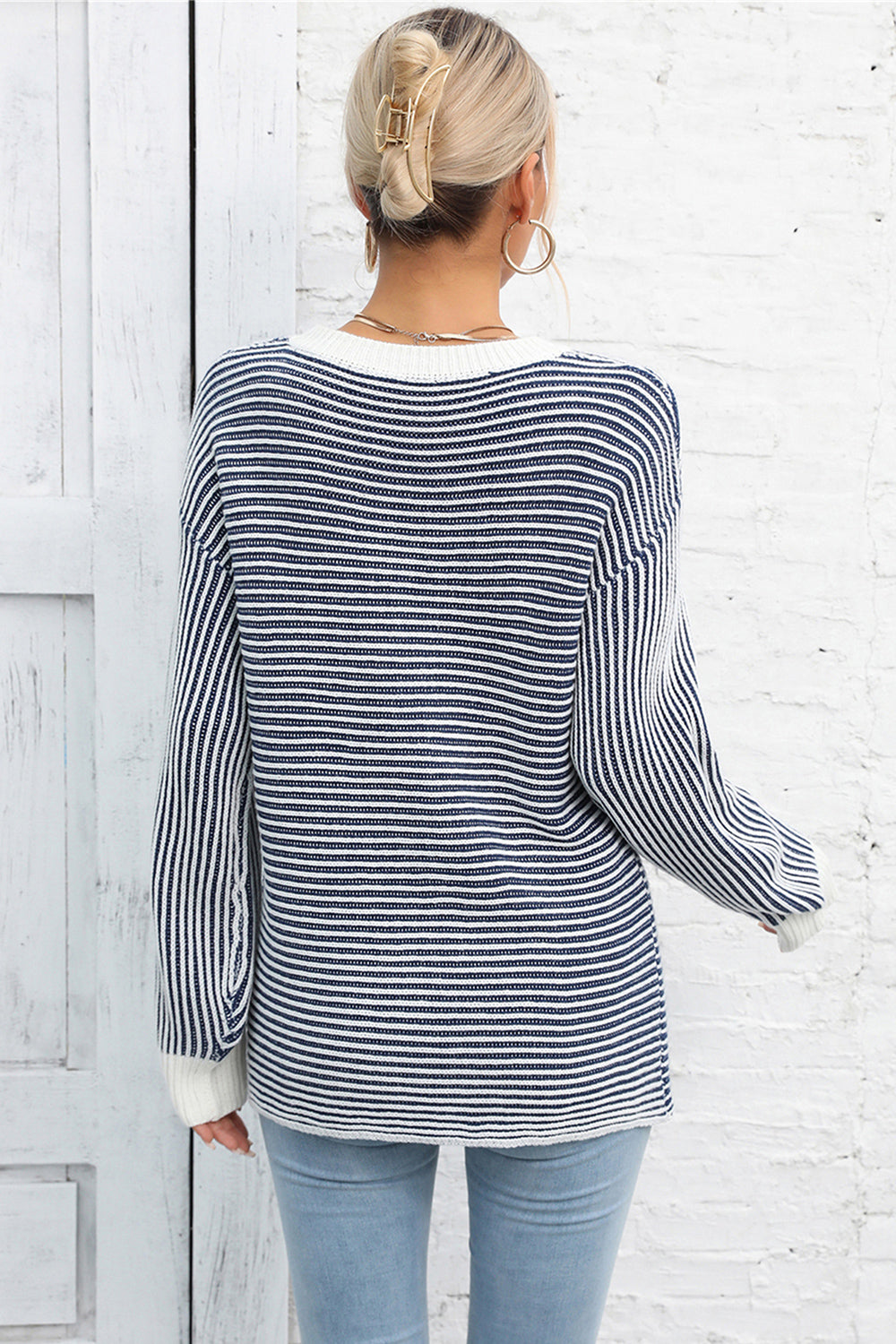 Striped drop-shoulder knit top with ribbed contrast trim