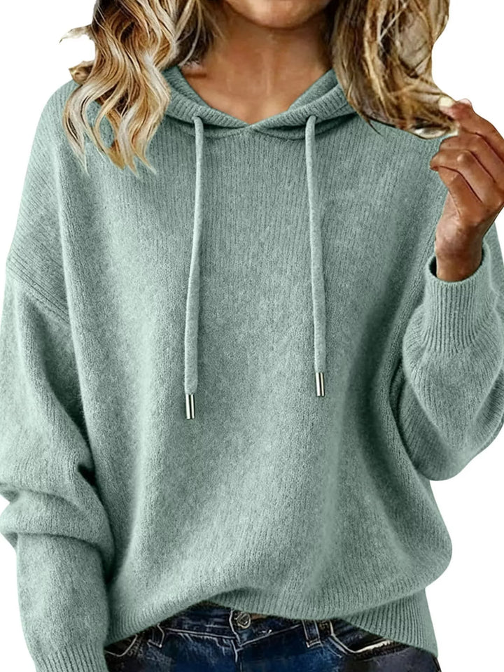 Light Green Drawstring hooded knit sweater with ribbed cuffs