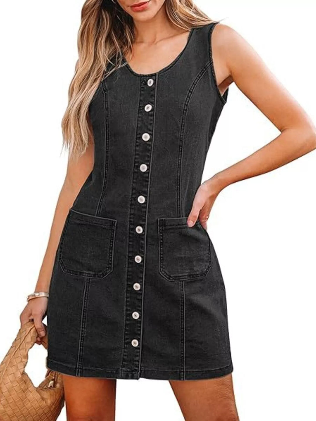Black Gray Sleeveless button-front denim mini dress with patch pockets