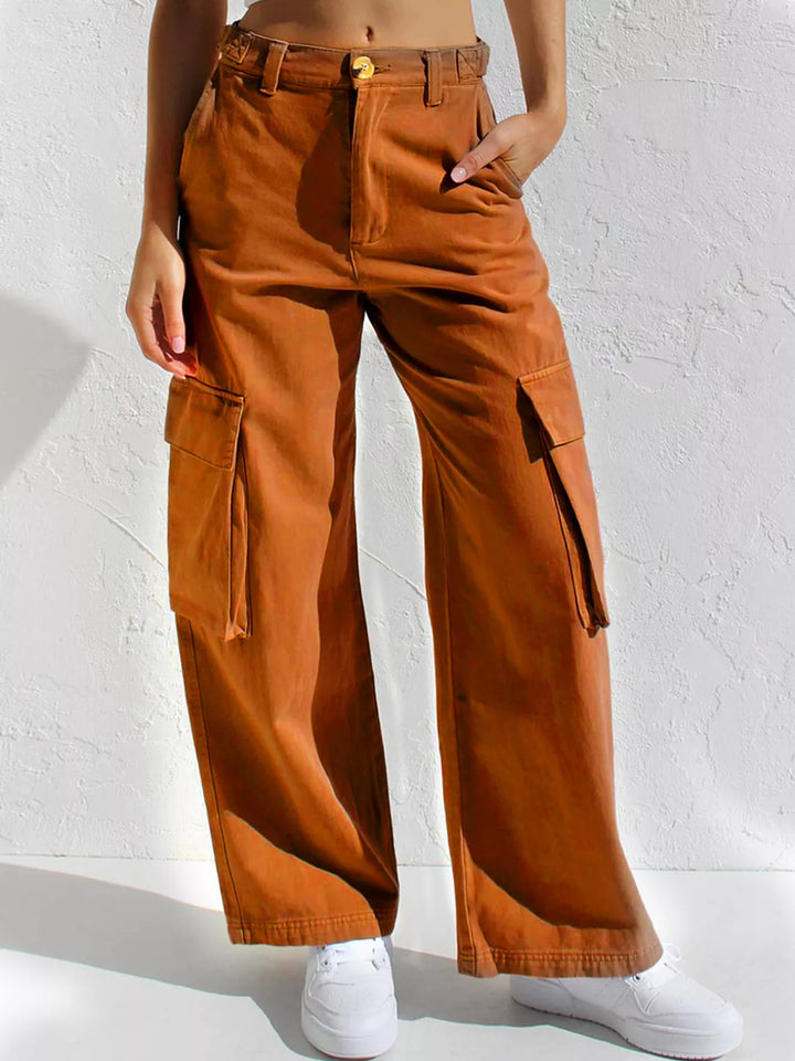 Orange Red High-rise wide-leg cargo jeans with flap pockets