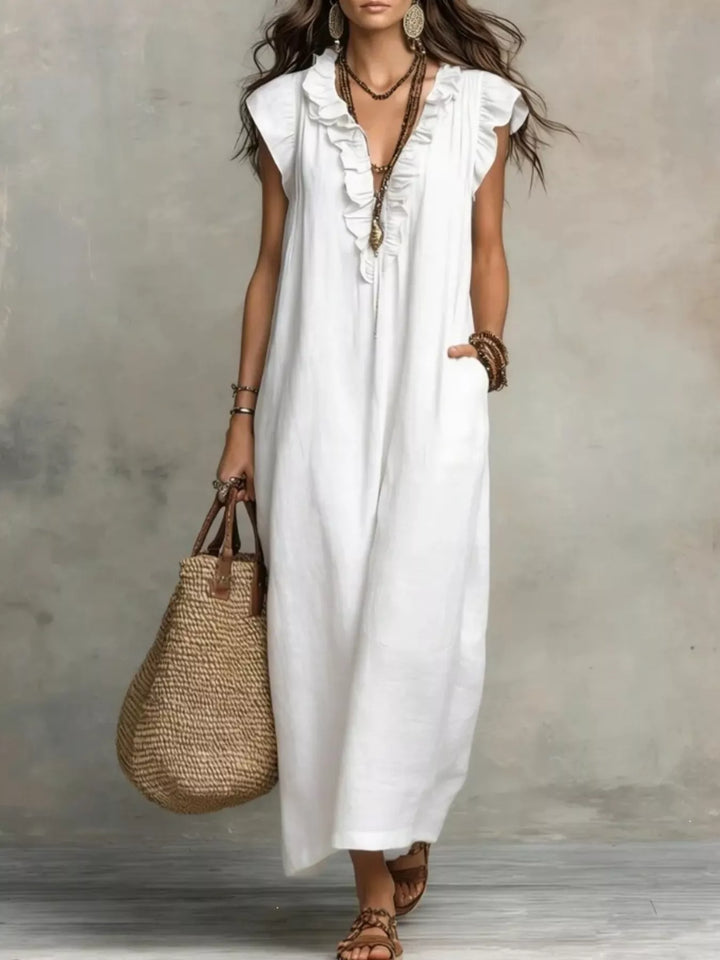 White Ruffled v-neck cap sleeve maxi dress with side pockets