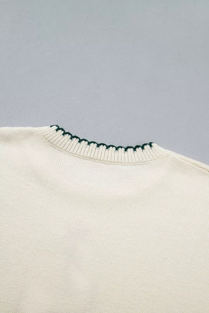 Gingham ribbon tree applique blanket stitch knit sweater