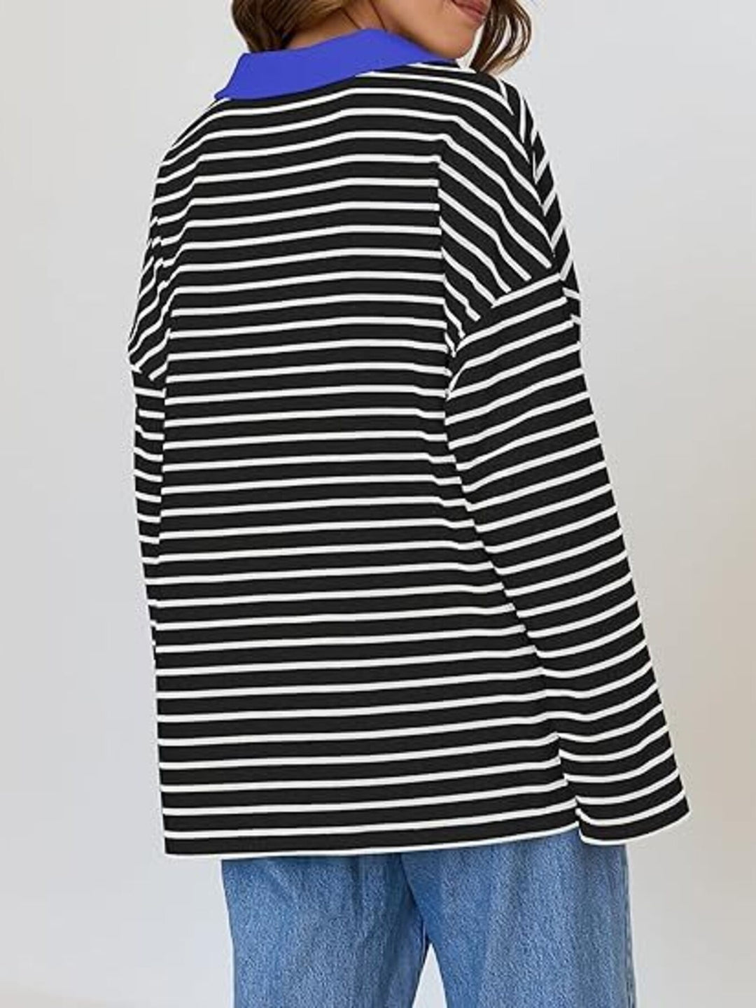 Striped oversized long sleeve top with contrast collar