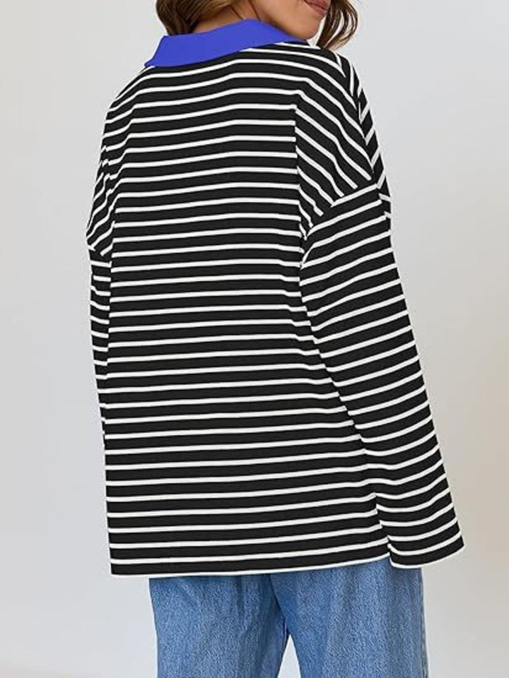 Striped oversized long sleeve top with contrast collar