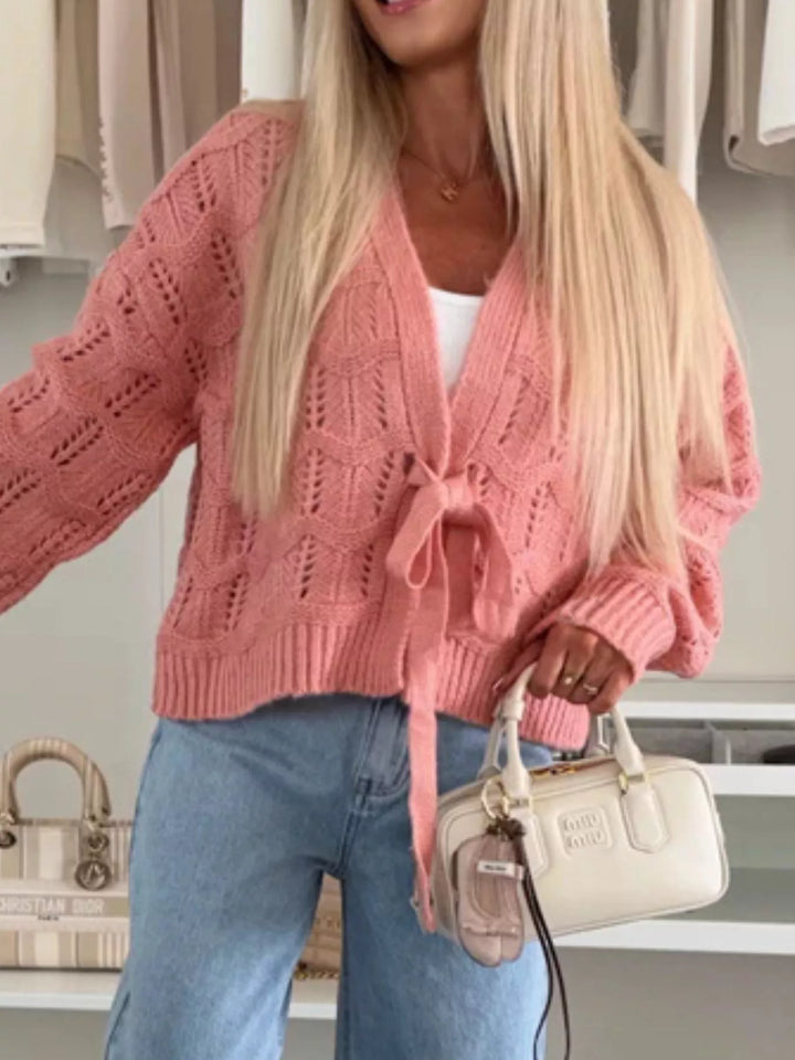 Openwork tie-front cropped knit cardigan