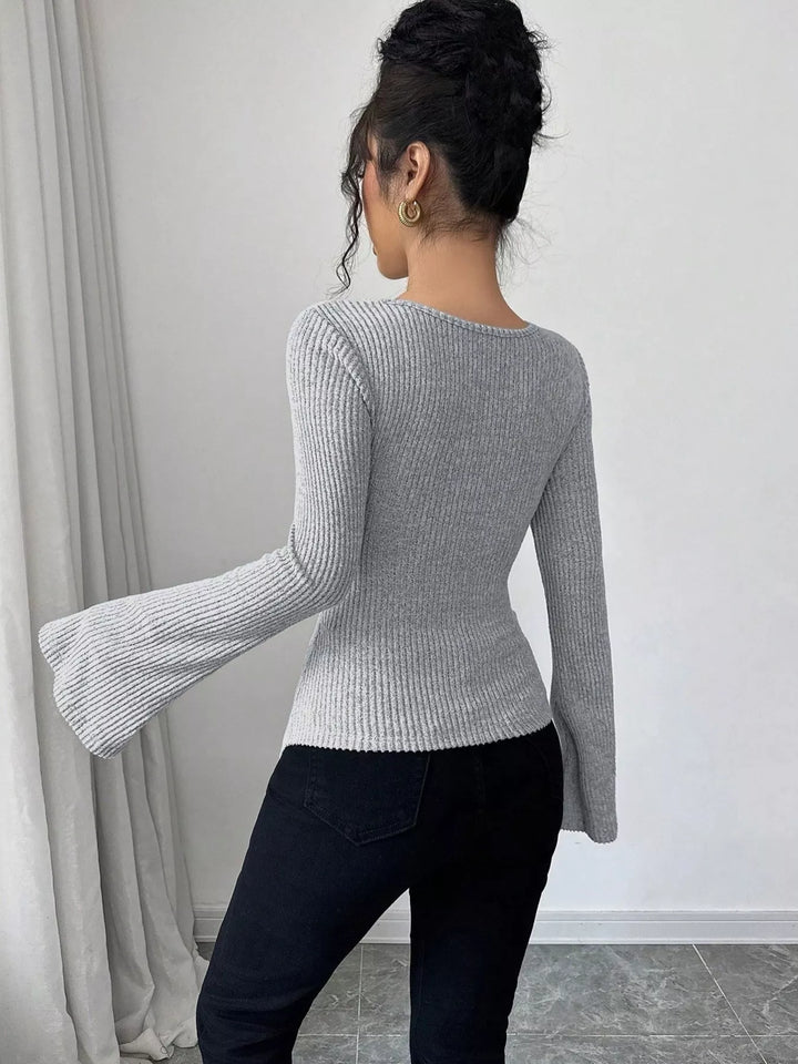 Cowl neck ribbed knit top with flare sleeves