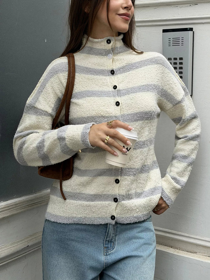 Striped mock neck button-down textured knit cardigan
