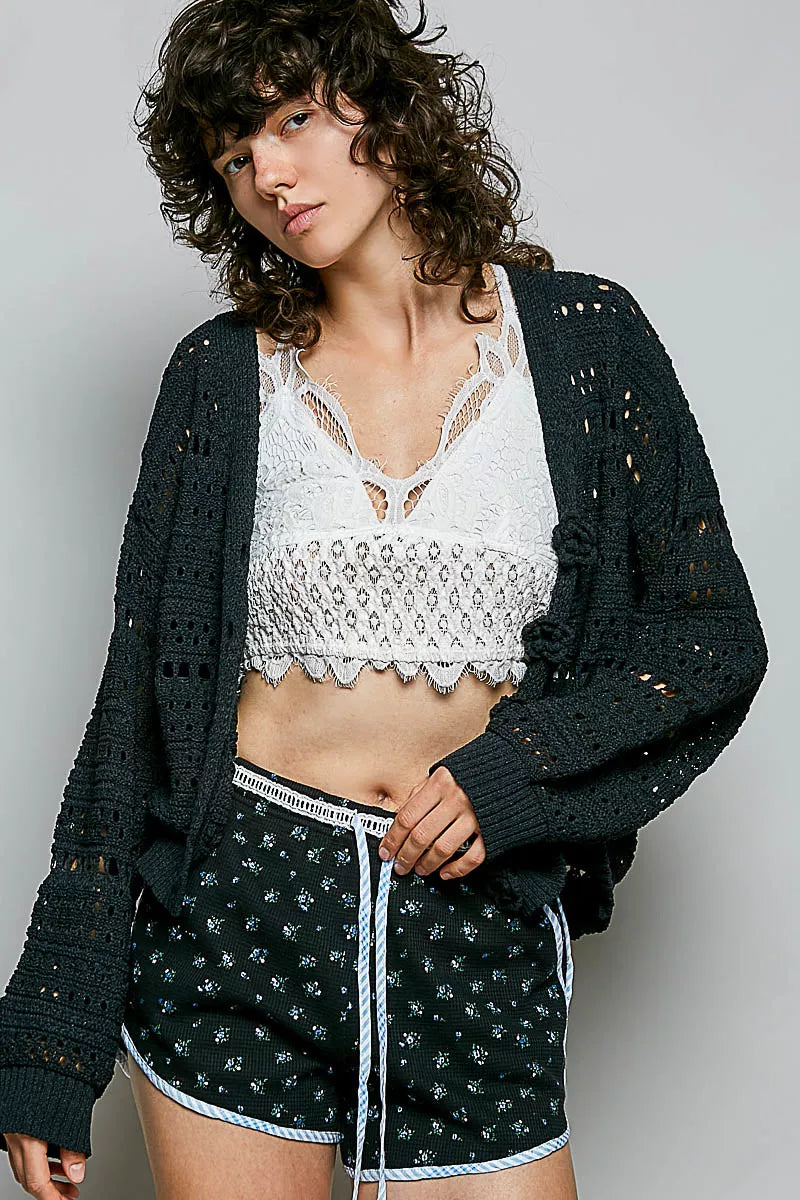 BLACK Open-knit cropped cardigan with 3D floral button closure