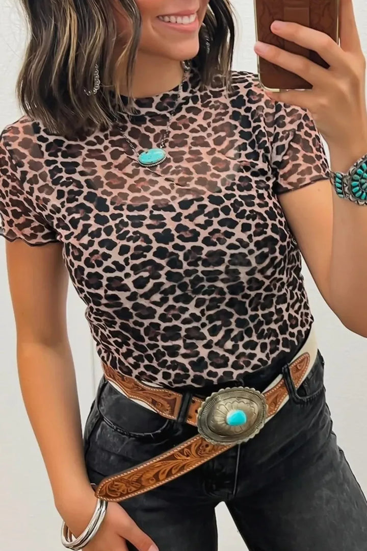 Leopard Sheer mesh leopard print fitted short sleeve top