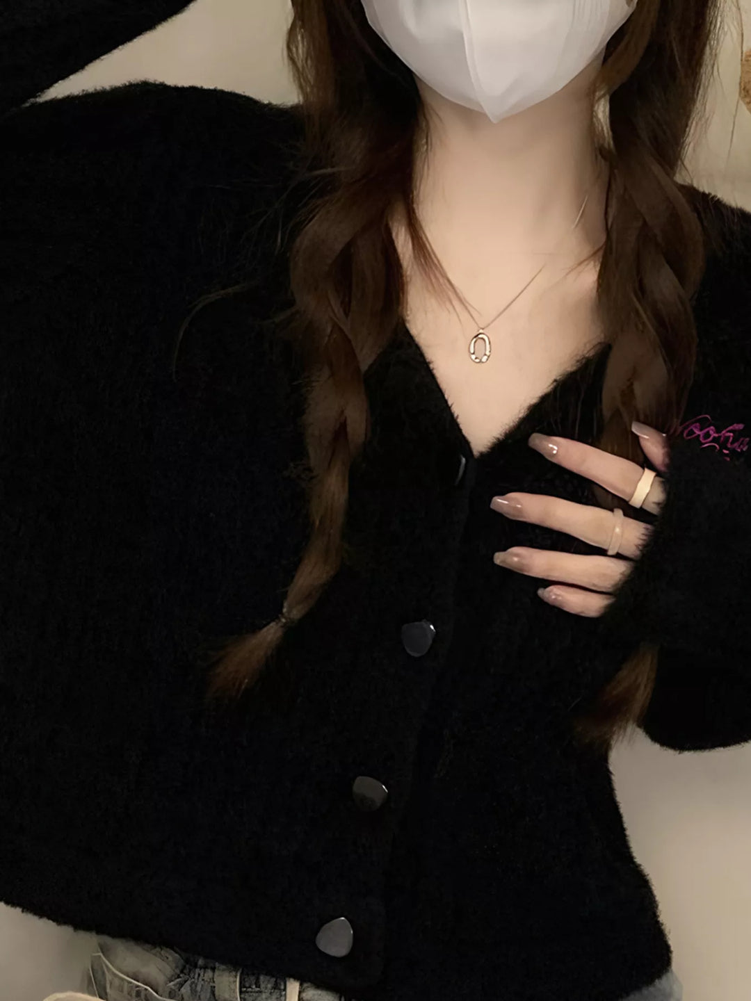 Fuzzy brushed knit button-up cropped cardigan