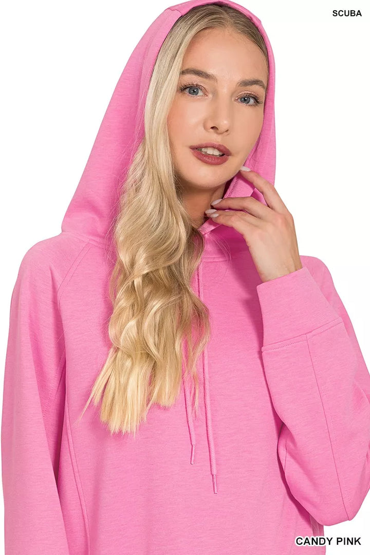 Scuba knit drawstring pullover hoodie with ribbed hem