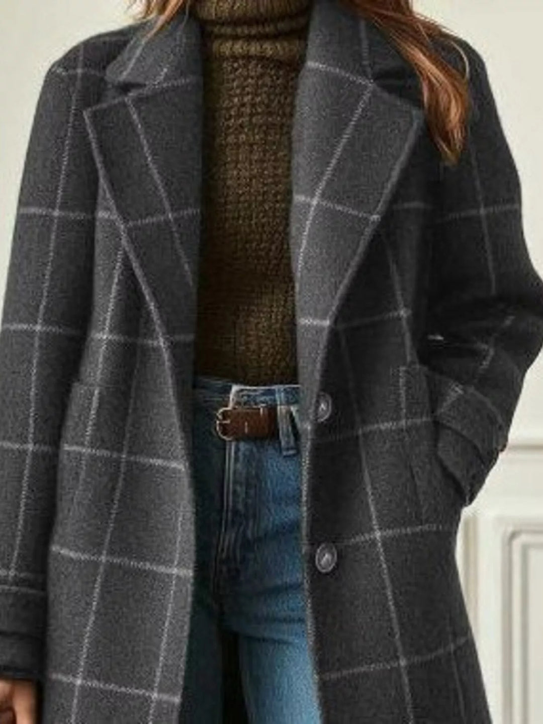 Windowpane plaid longline single-breasted overcoat
