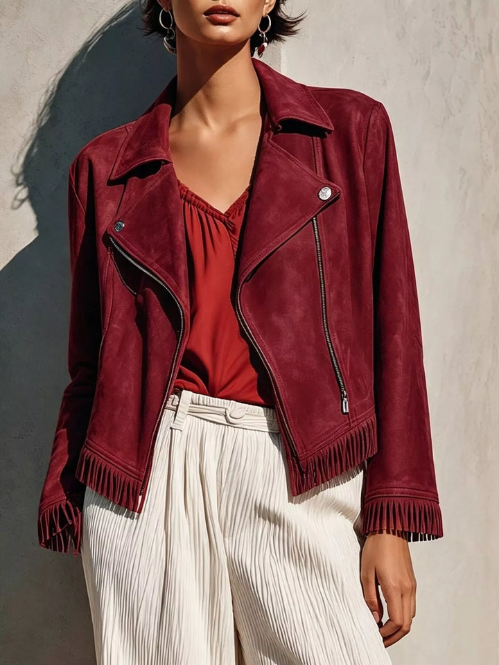 Burgundy Fringe hem faux leather moto jacket with asymmetrical zip