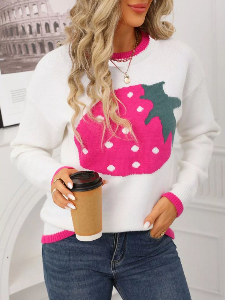 Strawberry graphic crew neck knit sweater