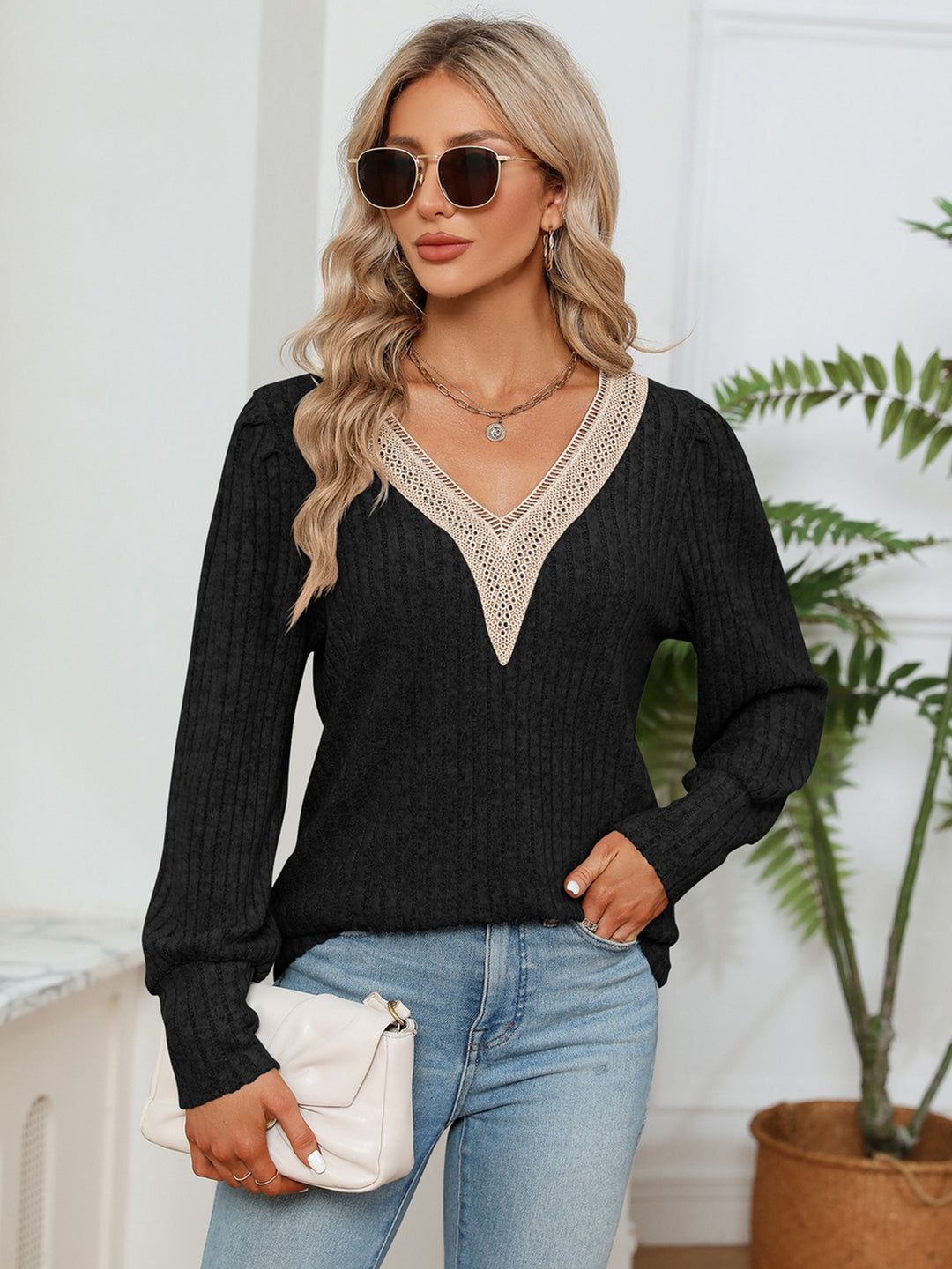 Black Lace-trim V-neck ribbed knit long sleeve blouse