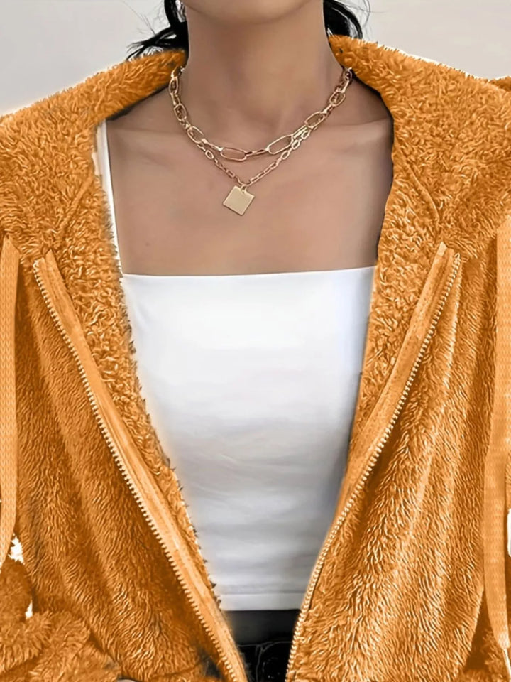 Fuzzy fleece hooded zip-up jacket with front pockets