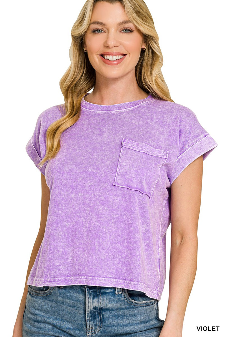 VIOLET Snow-washed cotton crop tee with cuffed sleeves and chest pocket