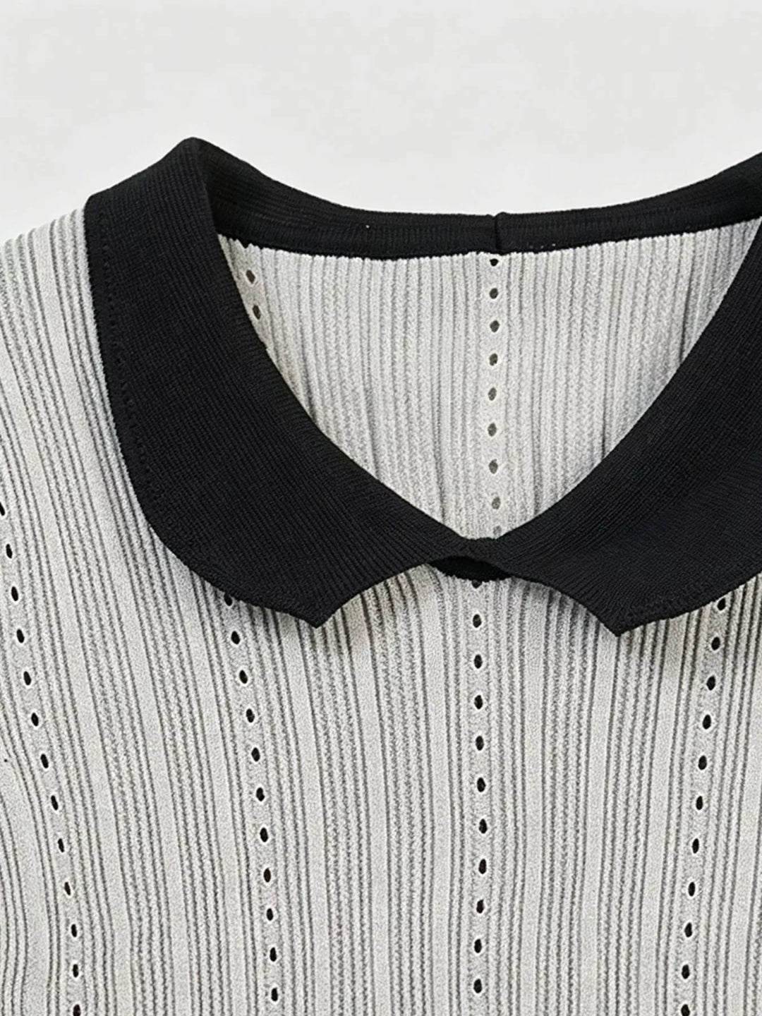 Ribbed knit crop top with Peter Pan collar and ruffle sleeves