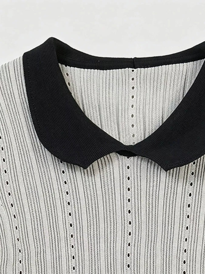 Ribbed knit crop top with Peter Pan collar and ruffle sleeves