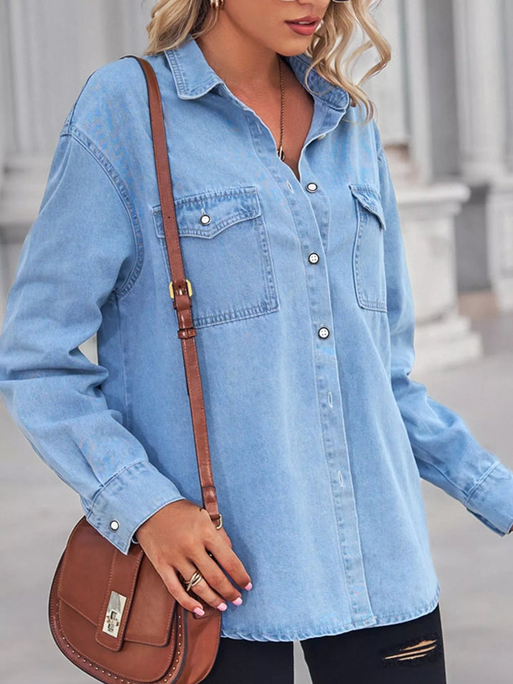 Washed denim button-down shirt with chest pockets