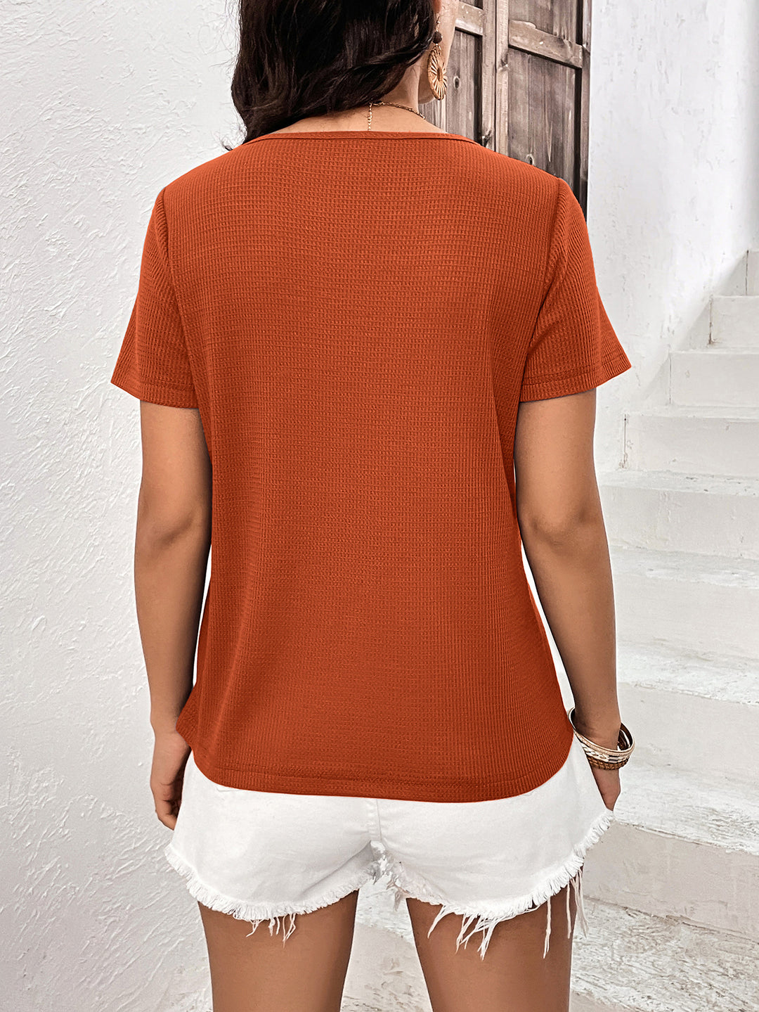 Contrast lace-trim waffle-knit short sleeve top