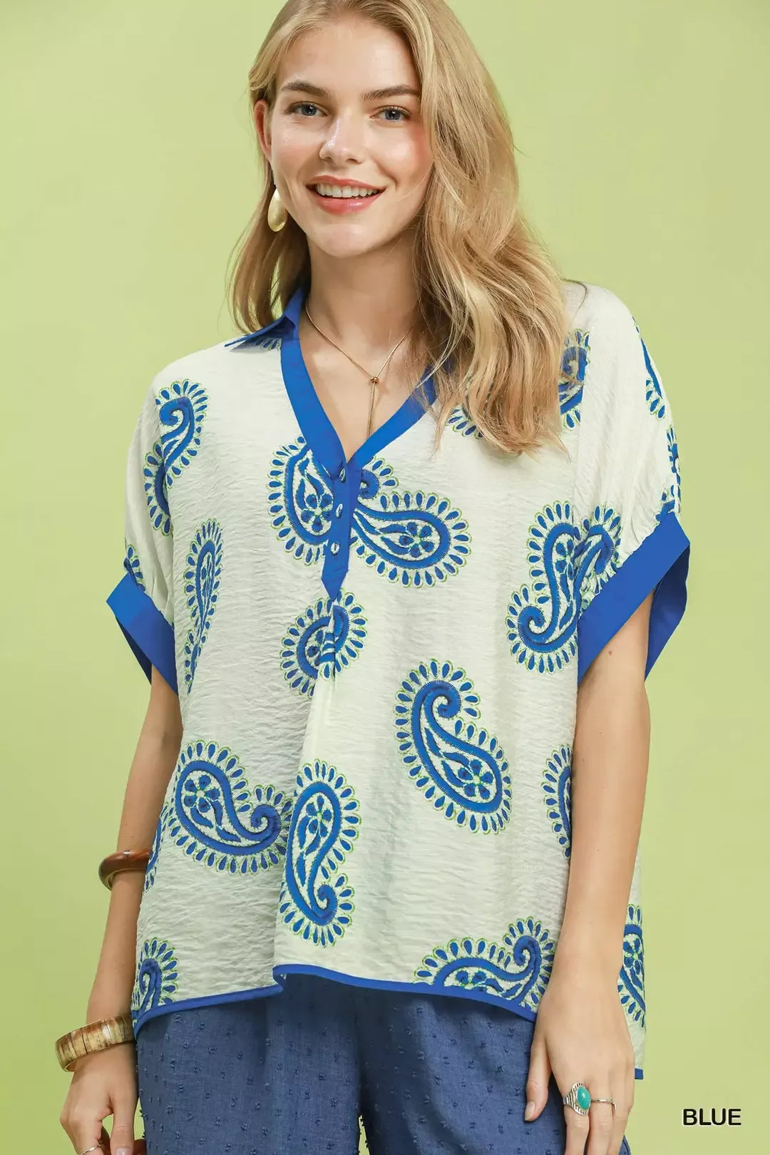 BLUE Paisley print contrast-trim short sleeve blouse