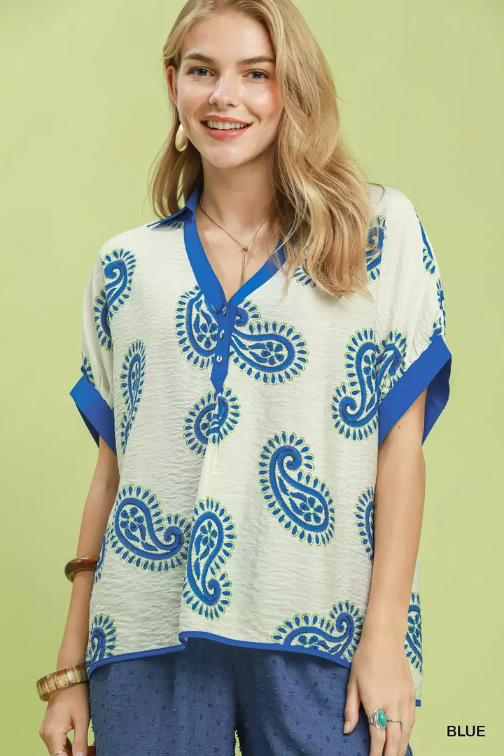 BLUE Paisley print contrast-trim short sleeve blouse