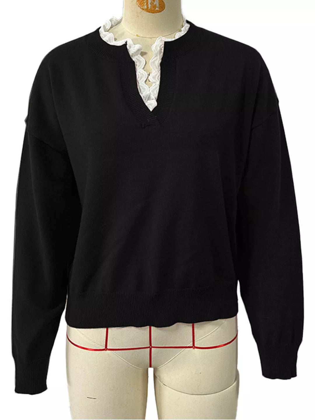 Lace trim notch neck drop shoulder sweater