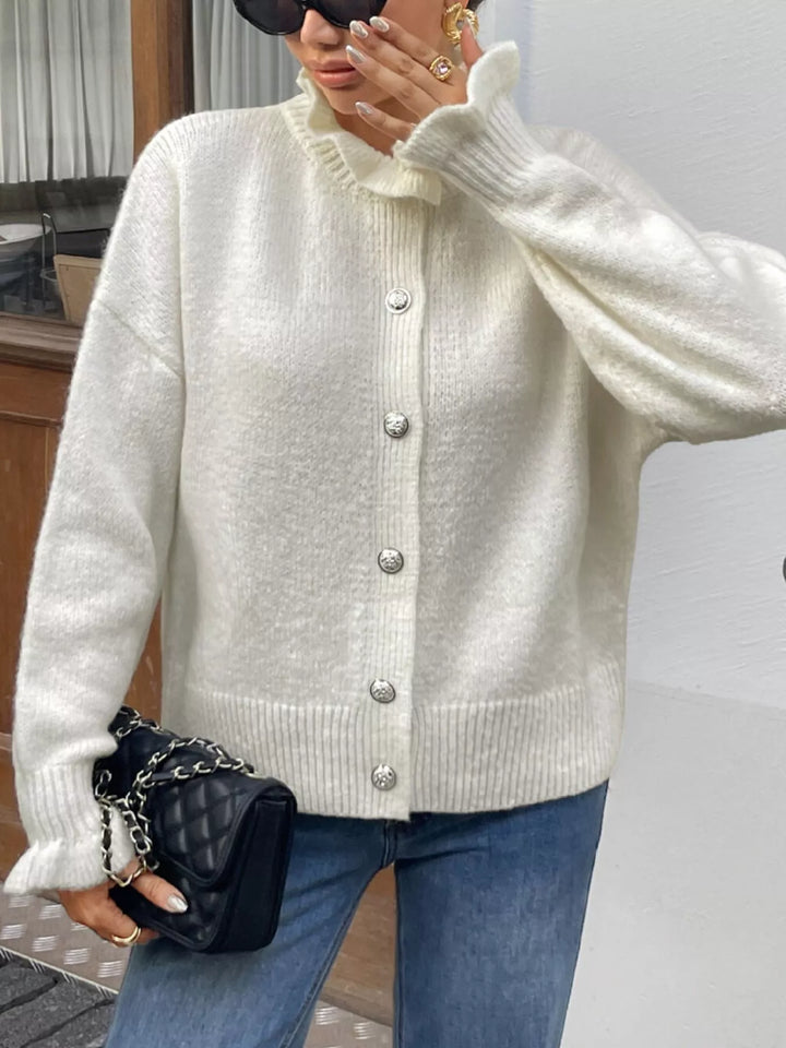 Frill collar button-down knit cardigan with ribbed cuffs