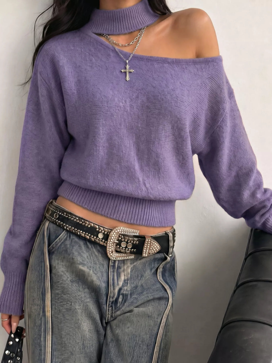 Lavender Cutout mock neck one-shoulder knit sweater