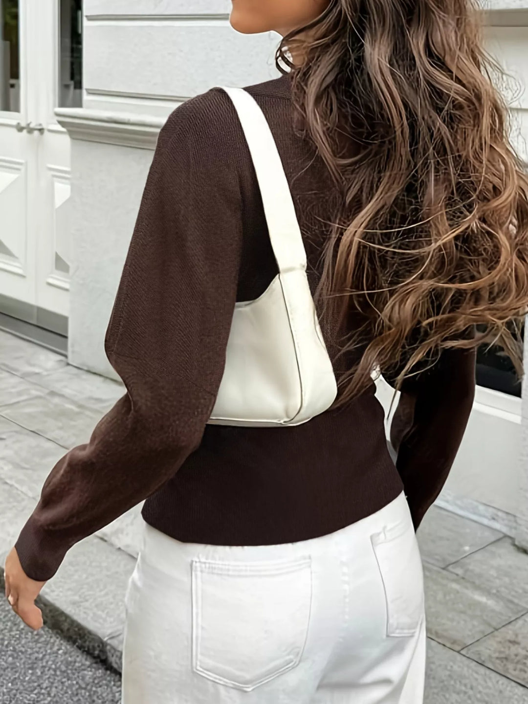 Gold-button deep V-neck knit cardigan with split hem