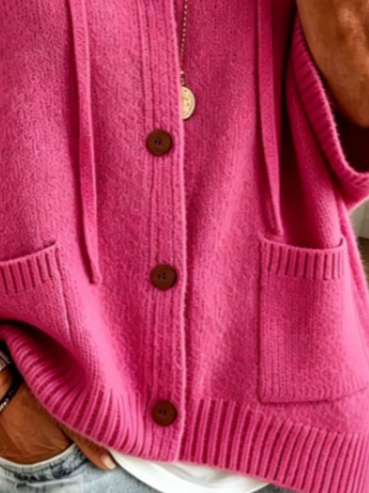 Hooded button-down knit cardigan with patch pockets