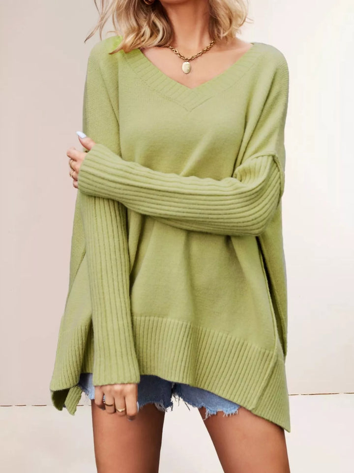 Yellowish Green Oversized ribbed-sleeve V-neck tunic sweater with side slits