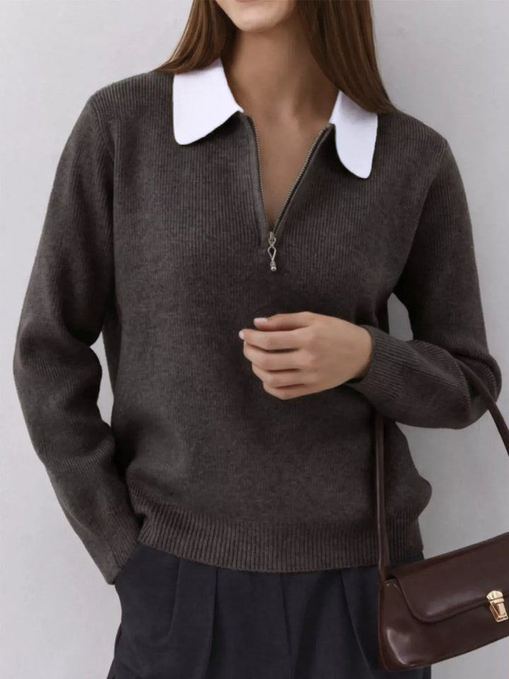Brown Contrast collar quarter zip knit sweater with ribbed hem