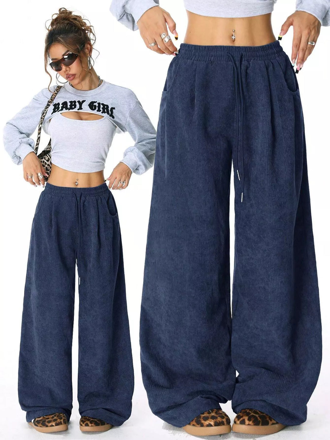 Corduroy wide-leg pants with drawstring waist and pockets
