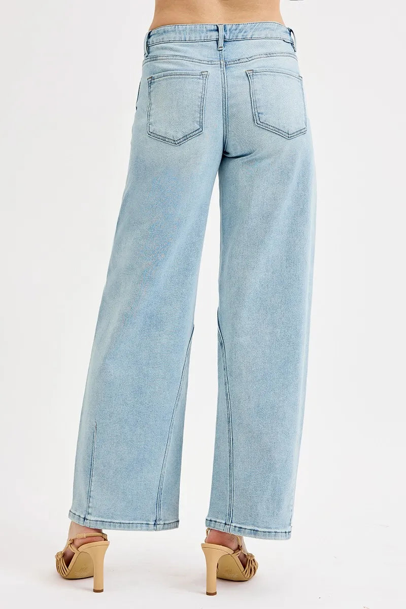 Mid-rise barrel-leg jeans with whiskered wash