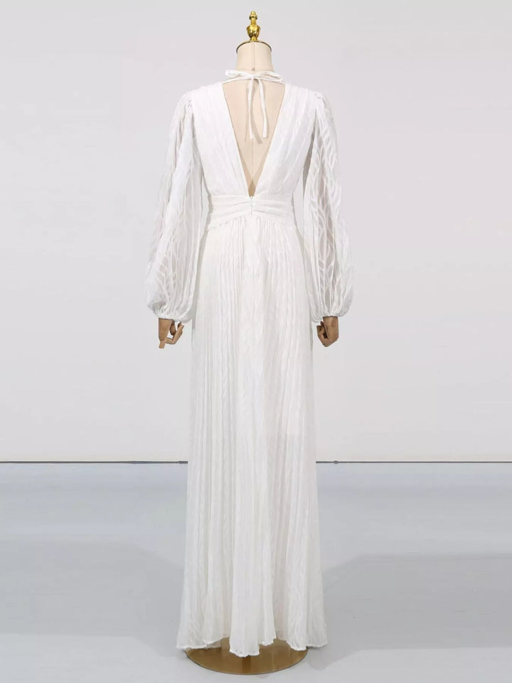 Textured V-neck balloon sleeve maxi dress with twist front