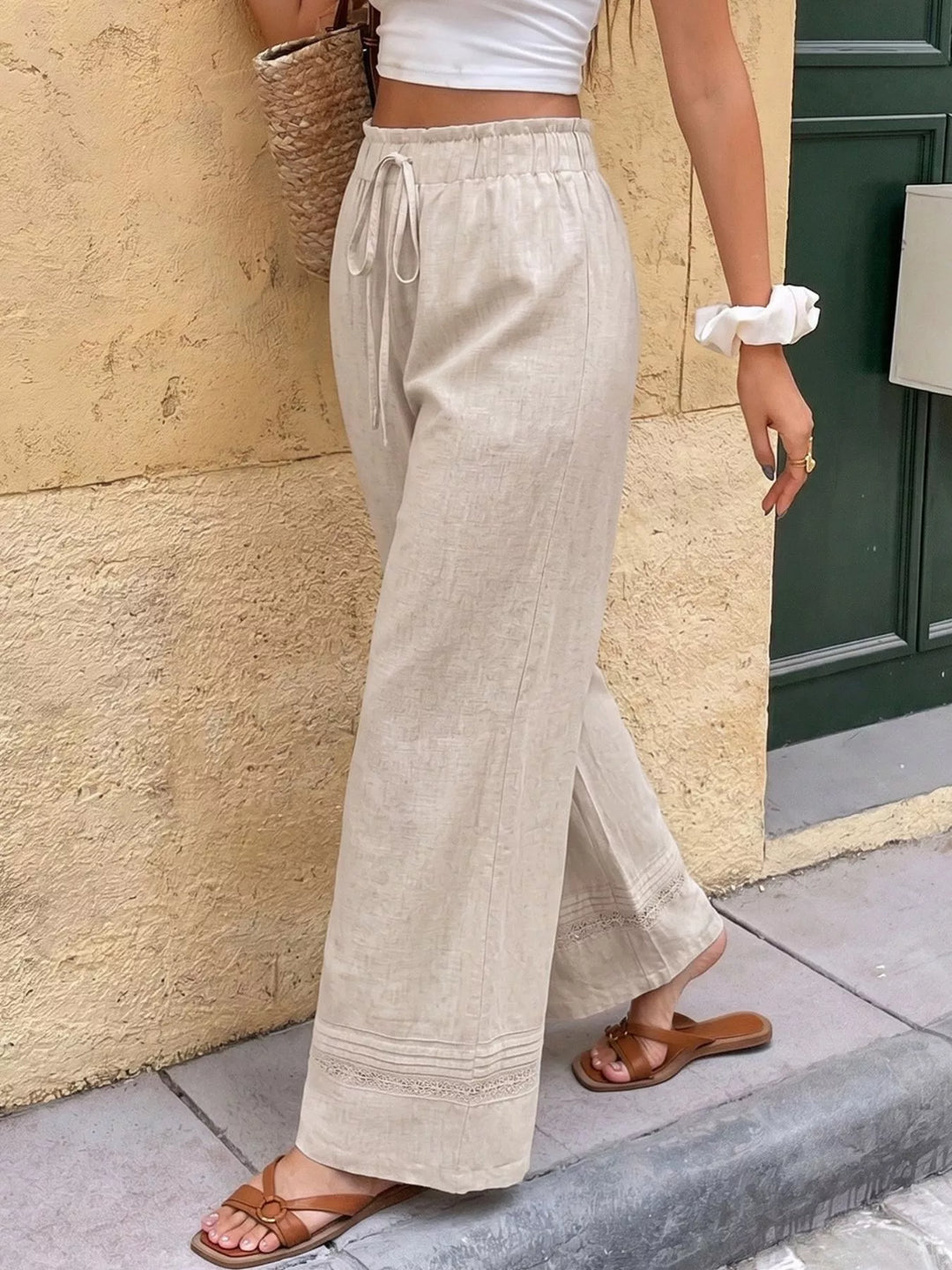Drawstring wide-leg linen-blend pants with lace-trim hem