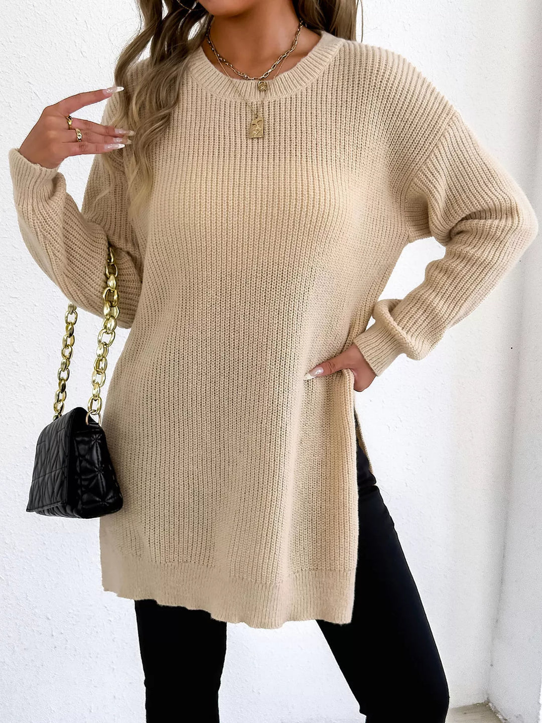 Apricot Side-slit ribbed knit tunic sweater with drop shoulders