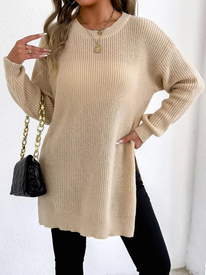 Apricot Side-slit ribbed knit tunic sweater with drop shoulders