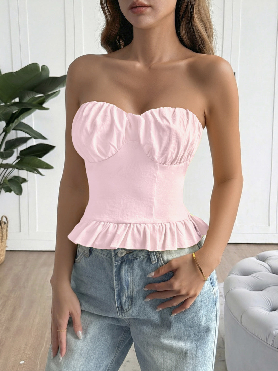 Ruched sweetheart tube top with ruffle peplum hem