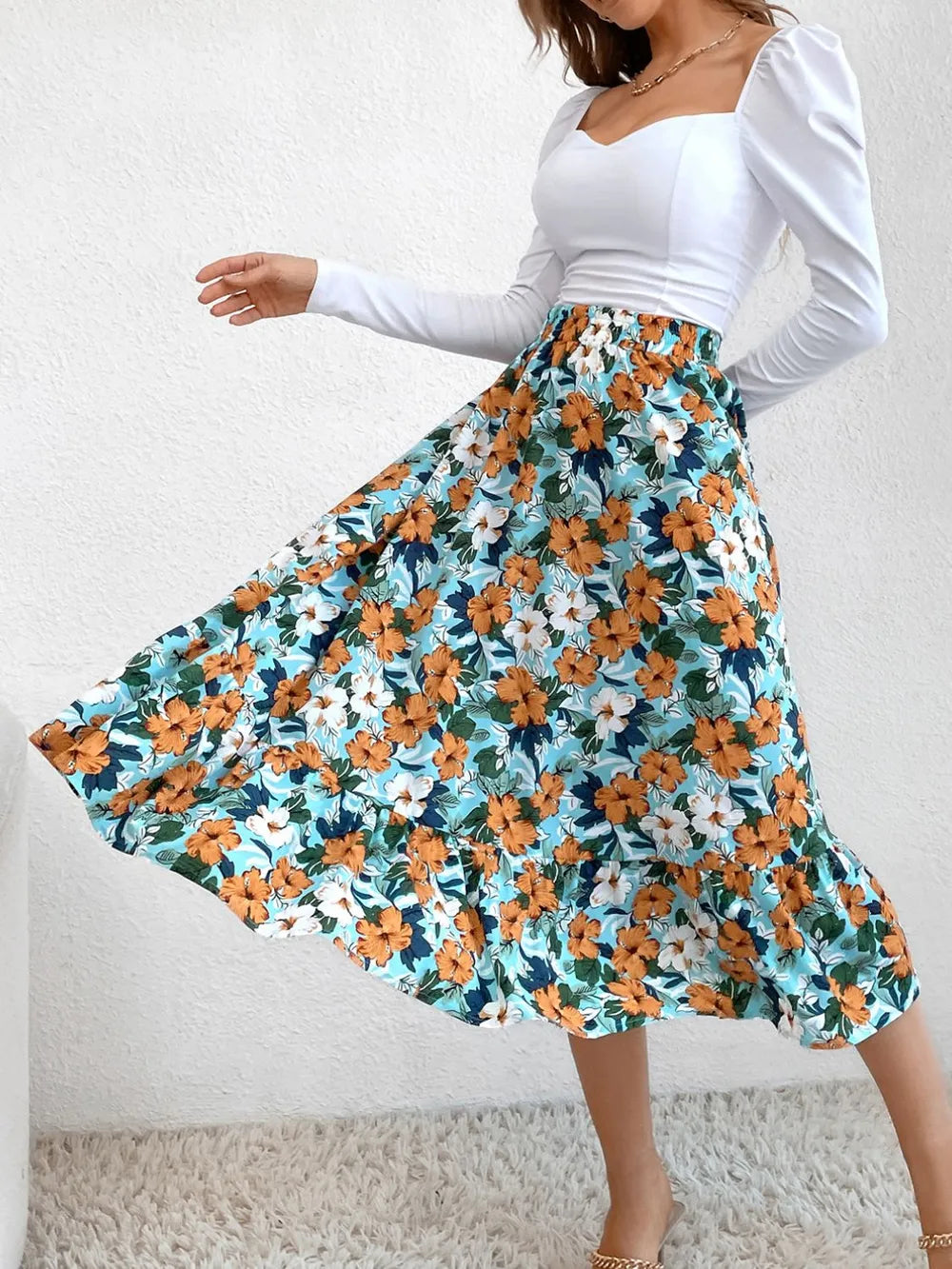 Flared ruffle-tier midi skirt with elastic waist
