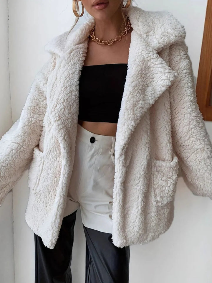 Fuzzy sherpa open front coat with notched lapels