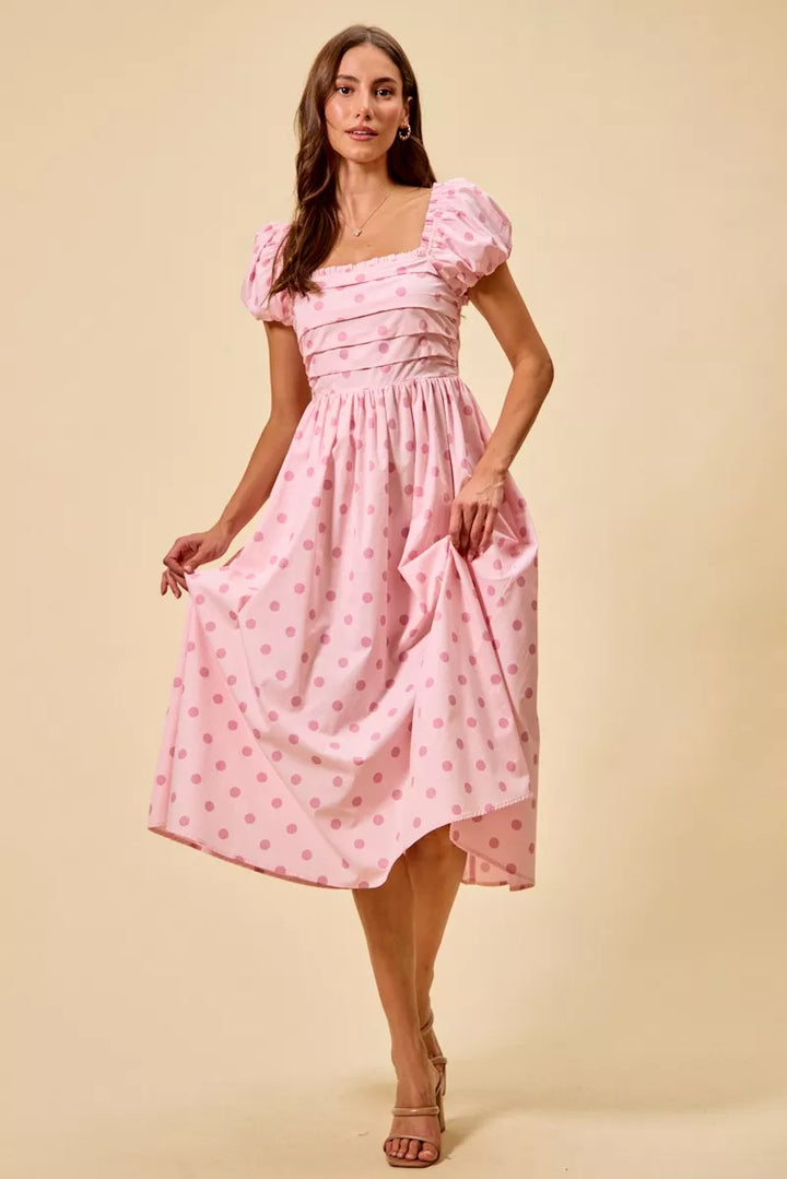Polka dot puff sleeve midi dress with pleated bodice