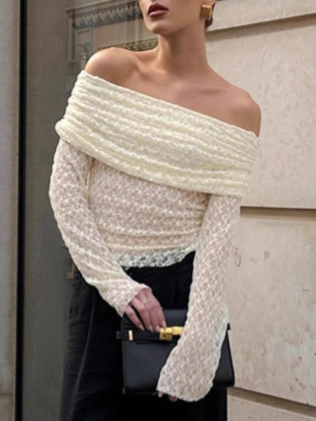Off-shoulder ruched lace top with long sleeves